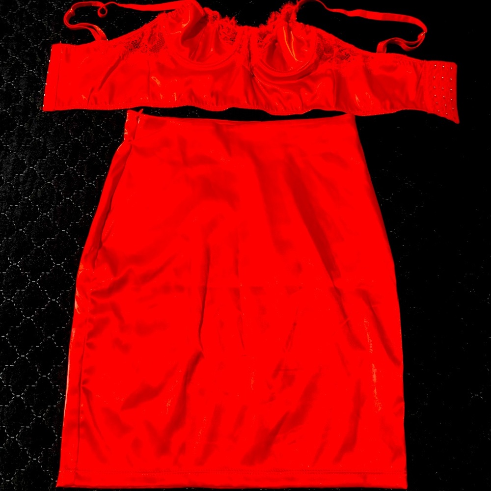 Red lace skirt set.